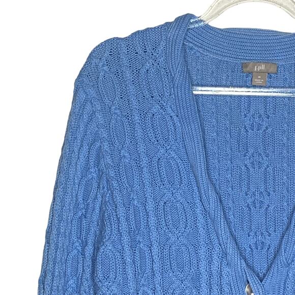J Jill Womens Size Medium Blue Cableknit Cardigan Sweater Cotton Ruffle Sleeve - Picture 2 of 10